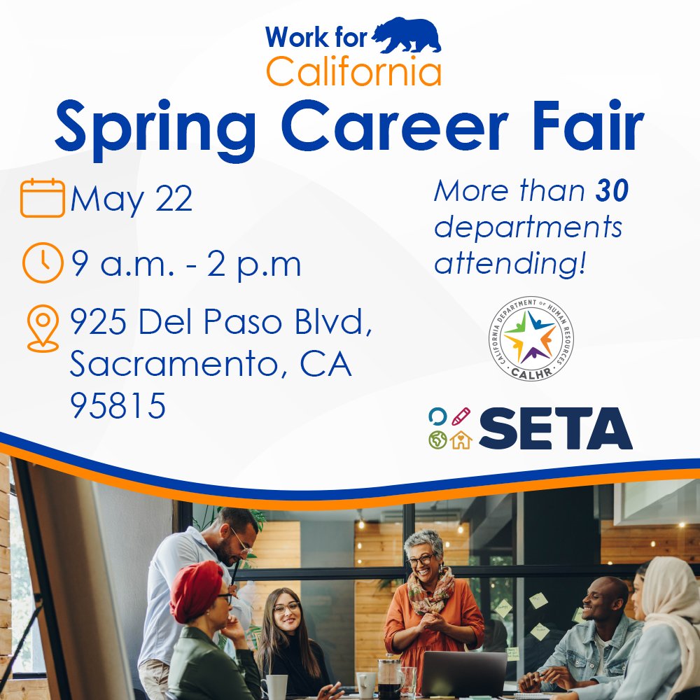 🌴No matter what industry you want to work in, the #StateOfCalifornia has a spot for you! Discover the opportunities available to you at the #Work4CA Spring Career Fair. 

📅 May 22  
🕘 9 a.m. – 2 p.m.  
📍 925 Del Paso Blvd, Sacramento  
🔗 tinyurl.com/ws4dbujr 

#CareerFair