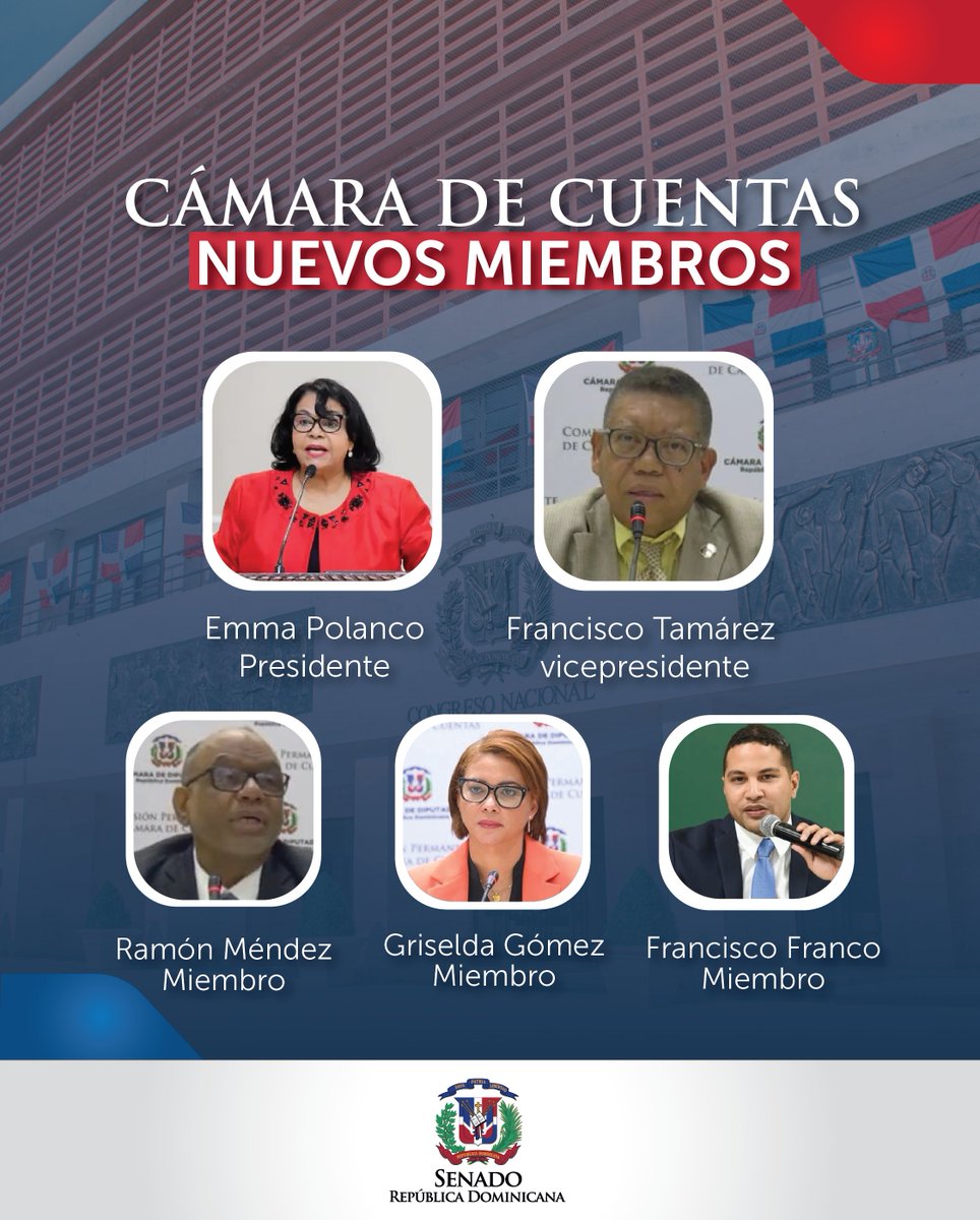 Senado escogió la nueva Cámara de Cuentas (<a href="/CamaraCuentasRD/">CamaraCuentasRD</a>). Será presidida por Emma Polanco Melo de Mercedes, e integrada por Francisco Tamárez Florentino, como vicepresidente. Serán sus miembros Francisco Alberto Franco Soto, Ramón Méndez Acosta y Griselda Gómez Santana.