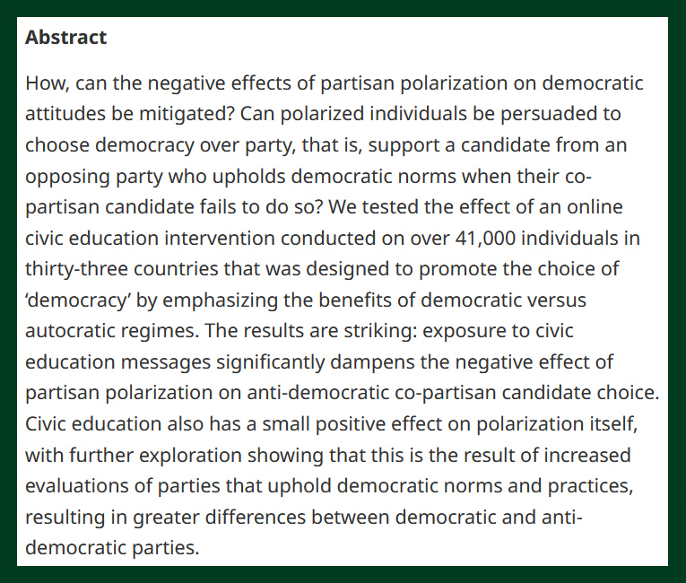 British Jnl Poli Sci (@bjpols) on Twitter photo NEW -
Choosing Democracy Over Party? How Civic Education Can Mitigate the Anti-Democratic Effects of Partisan Polarization - cup.org/4iooX3d
- <a href="/mheroglu/">Melek Hilal Eroğlu</a>, Steven E. Finkel, <a href="/AnjaNeundorf/">Anja Neundorf</a>, <a href="/aykut_ozturk_/">Aykut Öztürk</a> & <a href="/ericka_rascon/">Ericka Rascon</a>
#OpenAccess NEW -
Choosing Democracy Over Party? How Civic Education Can Mitigate the Anti-Democratic Effects of Partisan Polarization - cup.org/4iooX3d
- <a href="/mheroglu/">Melek Hilal Eroğlu</a>, Steven E. Finkel, <a href="/AnjaNeundorf/">Anja Neundorf</a>, <a href="/aykut_ozturk_/">Aykut Öztürk</a> & <a href="/ericka_rascon/">Ericka Rascon</a>
#OpenAccess