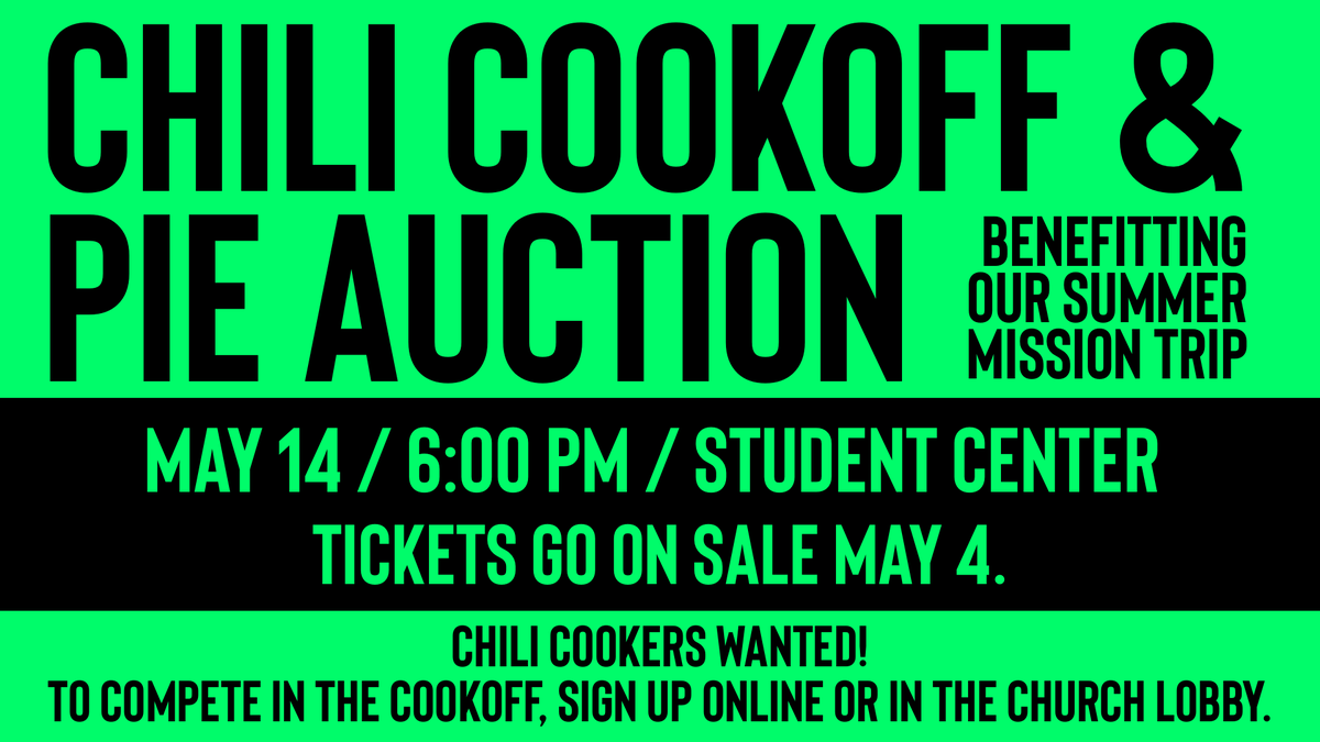 CavanaughChurch's tweet photo. Chili cookers wanted! Our mission team is hosting a chili cookoff and pie auction on May 14 to raise funds for our trip to Randall University this summer. If you’d like to enter the chili contest, you can sign up now on our website or in the church lobby. https://t.co/H5pDHUfiLA