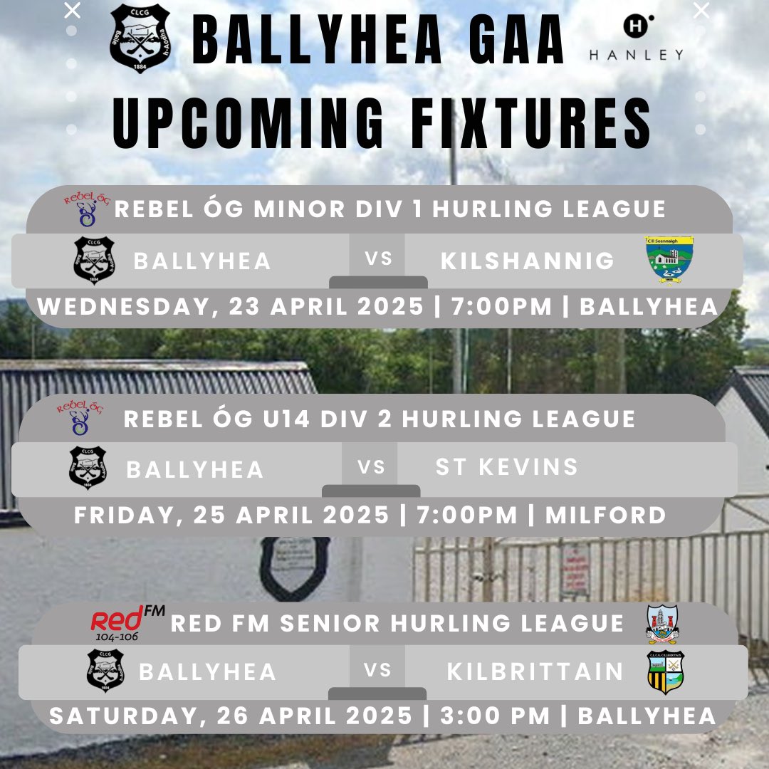 Upcoming fixtures over the next couple of days 💫⚫️⚪️
<a href="/OfficialCorkGAA/">Cork GAA</a> <a href="/BigRedBench/">RedFM Sport</a> <a href="/REBELOGNORTH/">REBEL ÓG NORTH</a> 
#ballyheagaa
