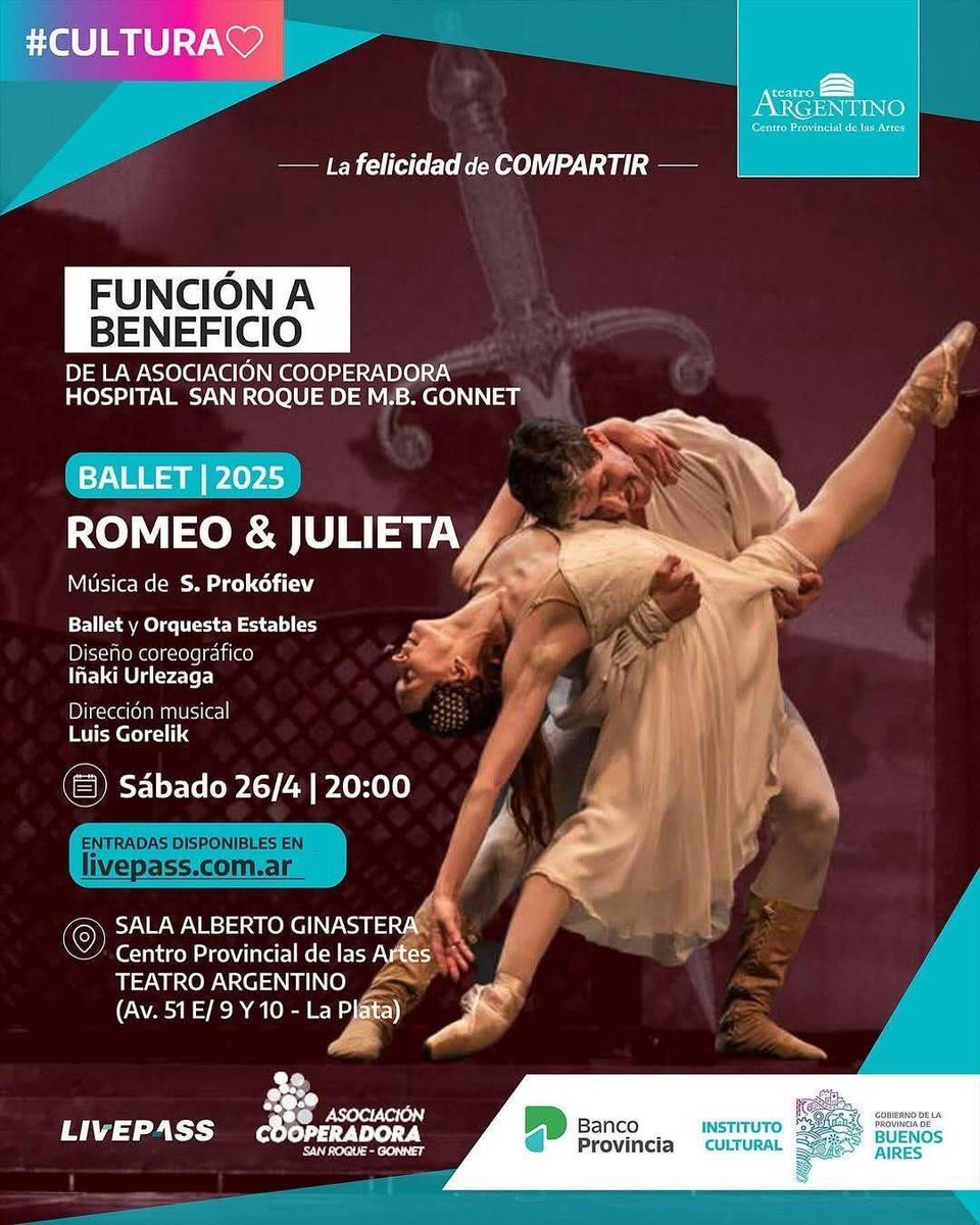CulturaDanza's tweet photo. BUENOS AIRES #argentina
Sábado 26/04/25 en el Teatro Argentino - Centro Provincial de las Artes de La Plata
FUNCIÓN DE DANZA BENÉFICA a favor de la Asociación Cooperadora Hospital San Roque de M.B. Gonnet
#danza #nosgustaladanza #Solidarios https://t.co/MKyVkvWp24