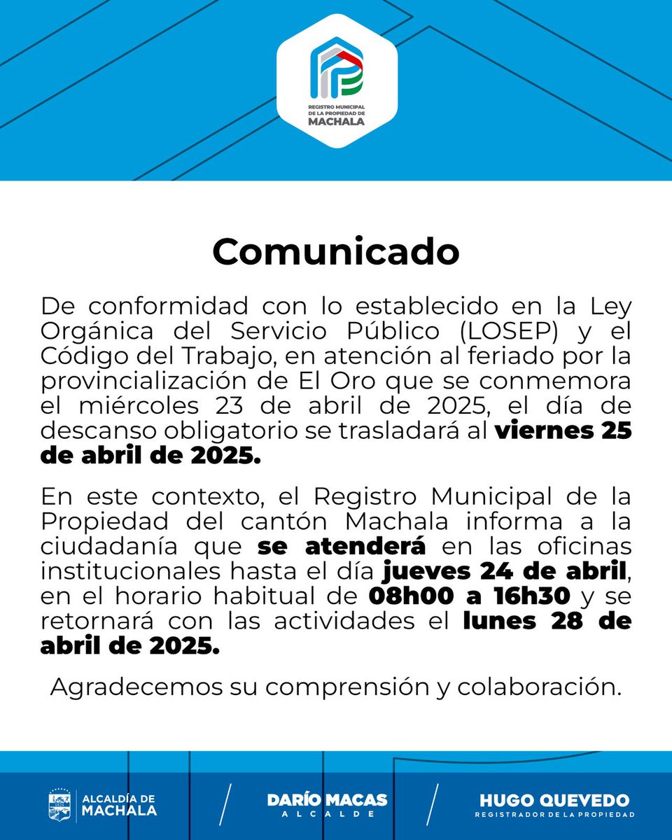 COMUNICADO IMPORTANTE 🚨

#RegistroMunicipalDeLaPropiedadDeMachala #HugoQuevedoMadero #RegistradorDeLaPropiedad #machalaalcaldía #DaríoMacas