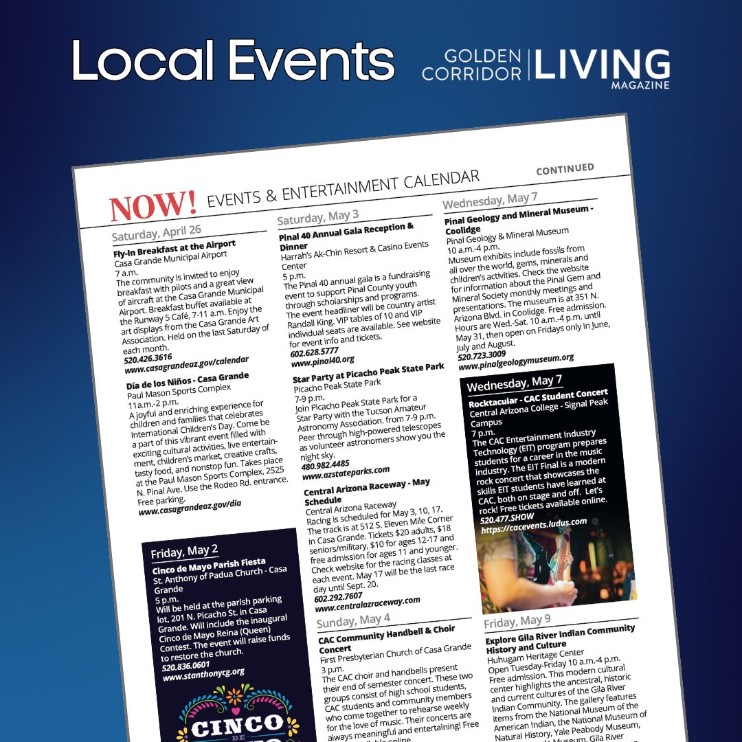 NEW ISSUE — The Spring 2025 issue includes a local events section, featuring events selected from the Pinal NOW community calendar. Pick up a free copy of Golden Corridor LIVING and find out what's happening in your hometown!
📷 goldencorridorliving.com/copies
#pinalcounty #casagrande