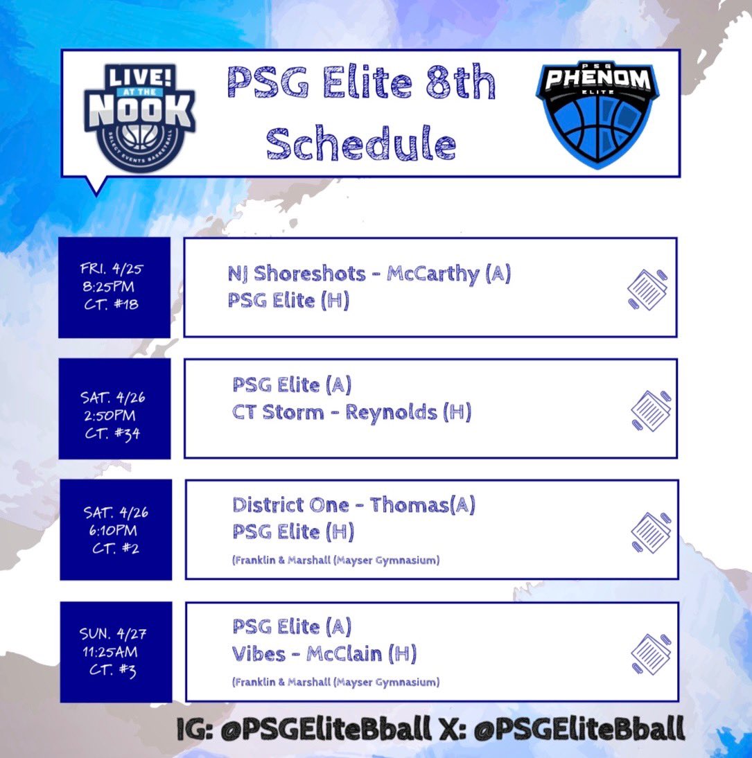 PSG Elite Basketball (@psgelitebball) on Twitter photo PSG looking forward to playing in PA this weekend <a href="/SelectEventsBB/">Select Events Basketball</a> Live @ the Nook event! Here are our 3 teams schedules for anyone wanting to check out our student athletes! #PSG PSG looking forward to playing in PA this weekend <a href="/SelectEventsBB/">Select Events Basketball</a> Live @ the Nook event! Here are our 3 teams schedules for anyone wanting to check out our student athletes! #PSG