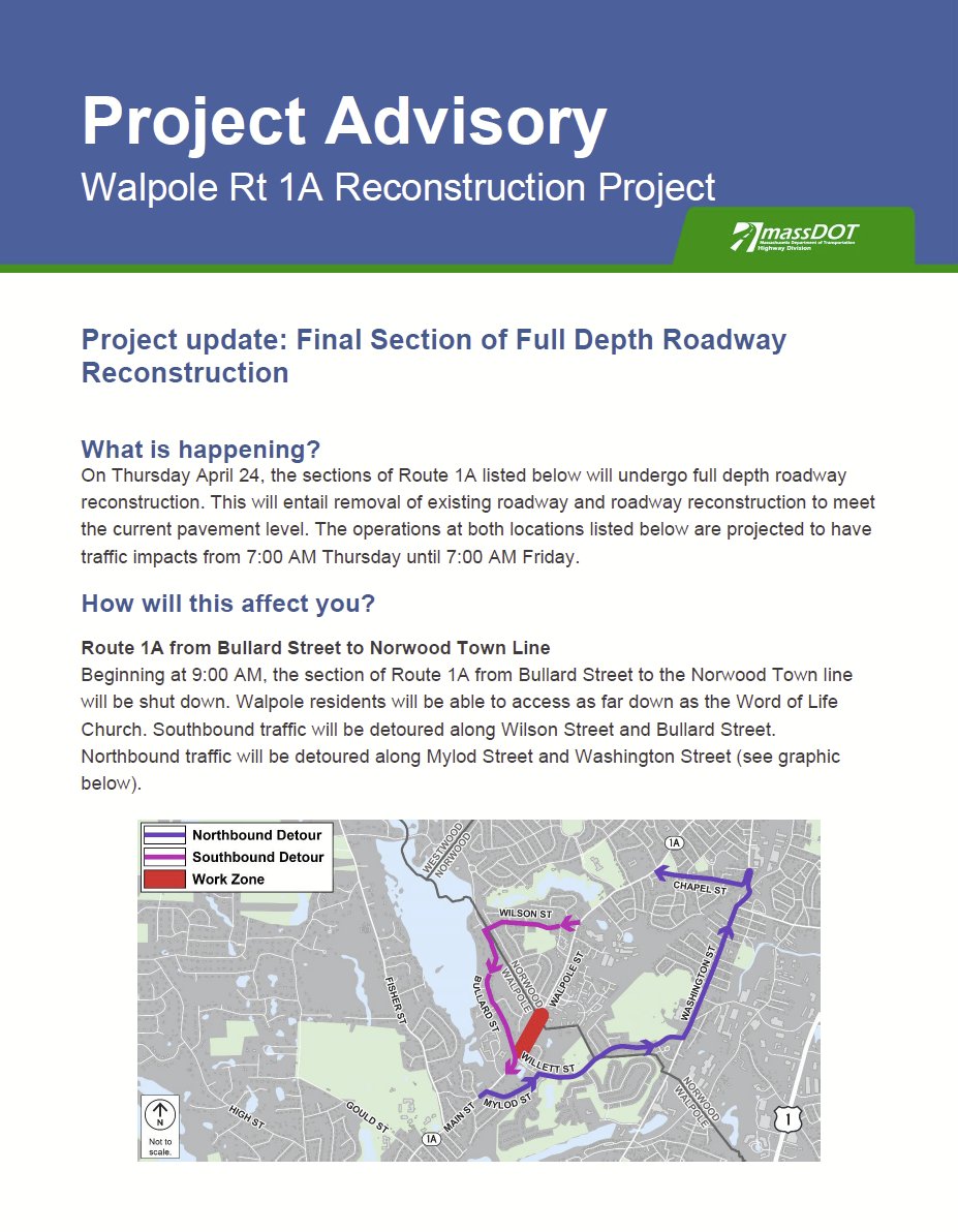 RT 1A Reconstruction Advisory #Walpole
