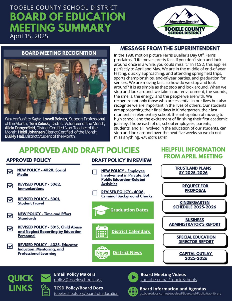 Tooele Schools (@tooeleschools) on Twitter photo To view the April Board of Education Meeting Summary, go to tooeleschools.org. This summary is created to clarify the actions taking place at Board meetings and allow the community to submit policy feedback. Feedback on policies can be emailed to policy@tooeleschools.org. To view the April Board of Education Meeting Summary, go to tooeleschools.org. This summary is created to clarify the actions taking place at Board meetings and allow the community to submit policy feedback. Feedback on policies can be emailed to policy@tooeleschools.org.