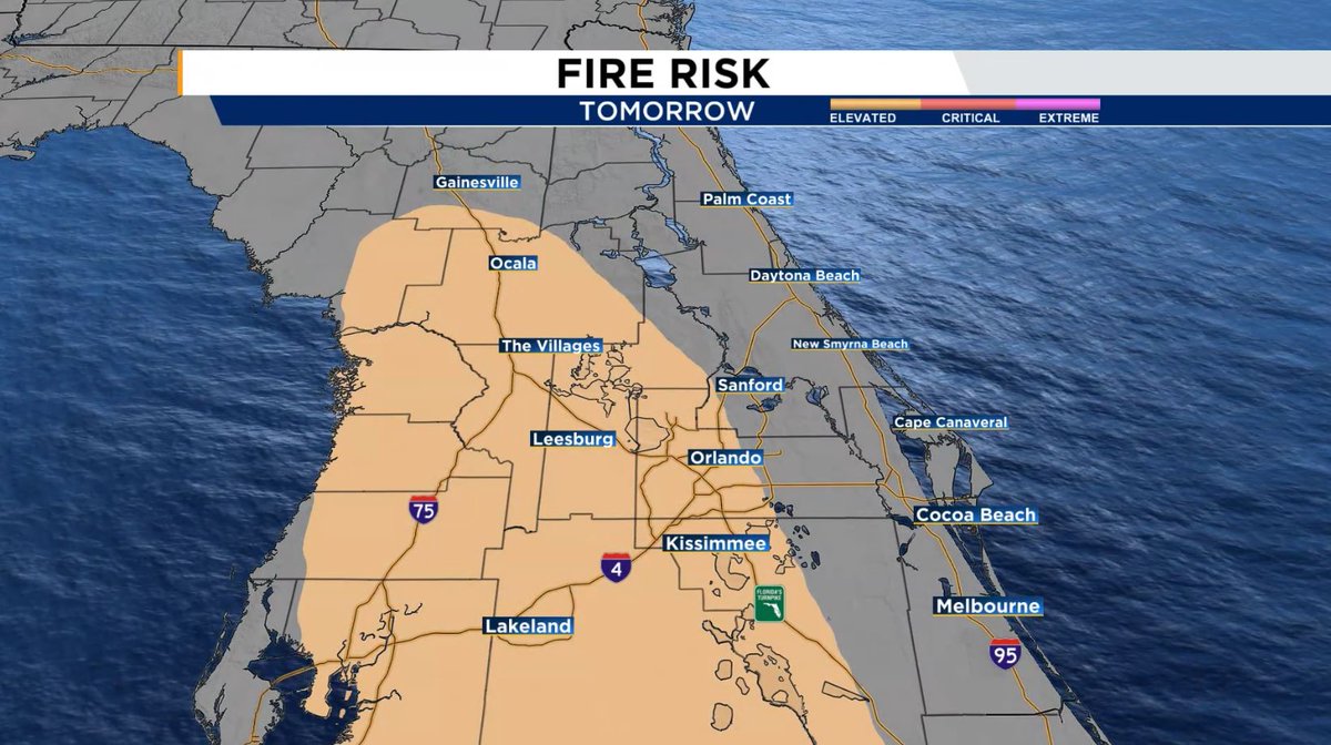 🔥ELEVATED RISK🔥 | Low relative humidity and an east breeze will increase the wildfire threat for inland Central Florida. #flwx