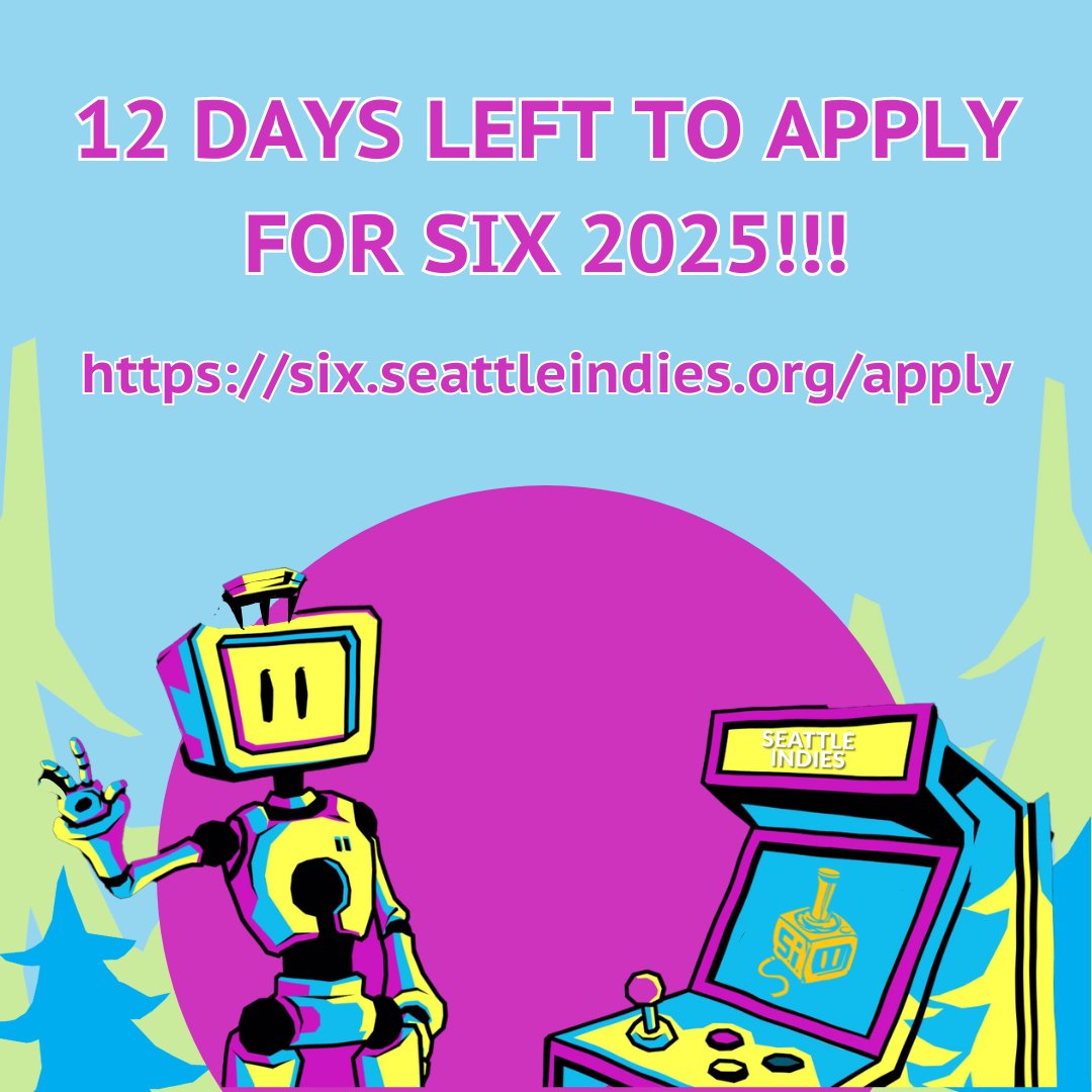 SIX x 2=12 which is equal to the number of days remaining to apply for SIX 2025! Just 12 days left to submit your game for the biggest annual celebration of indie games and game creators from the PNW! six.seattleindies.org/apply