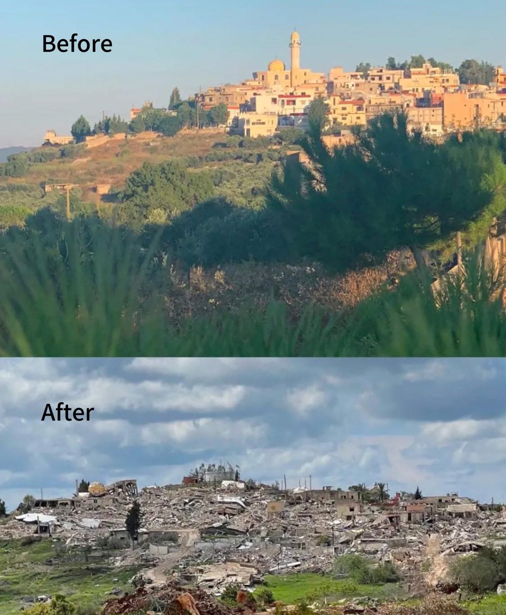 The image shows the impact of Israel’s aggression on Yaroun, southern Lebanon.