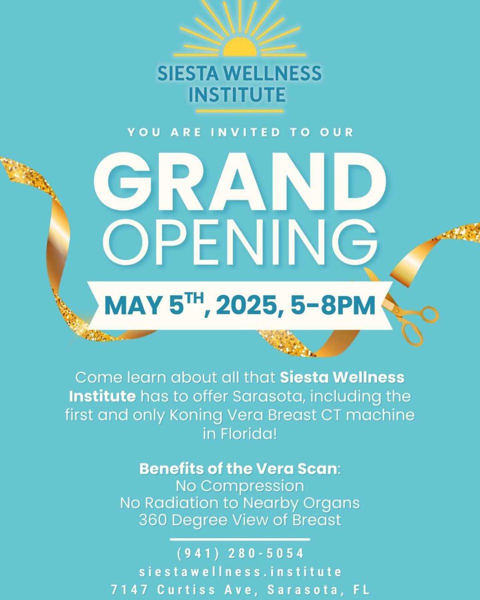 Calling all Florida friends!  

Join us for the Grand Opening of Siesta Wellness Institute on May 5th, 2025 from 5–8PM in Sarasota!

Come explore everything this state-of-the-art center has to offer — including the first and only Koning Vera Breast CT machine in Florida. 💗