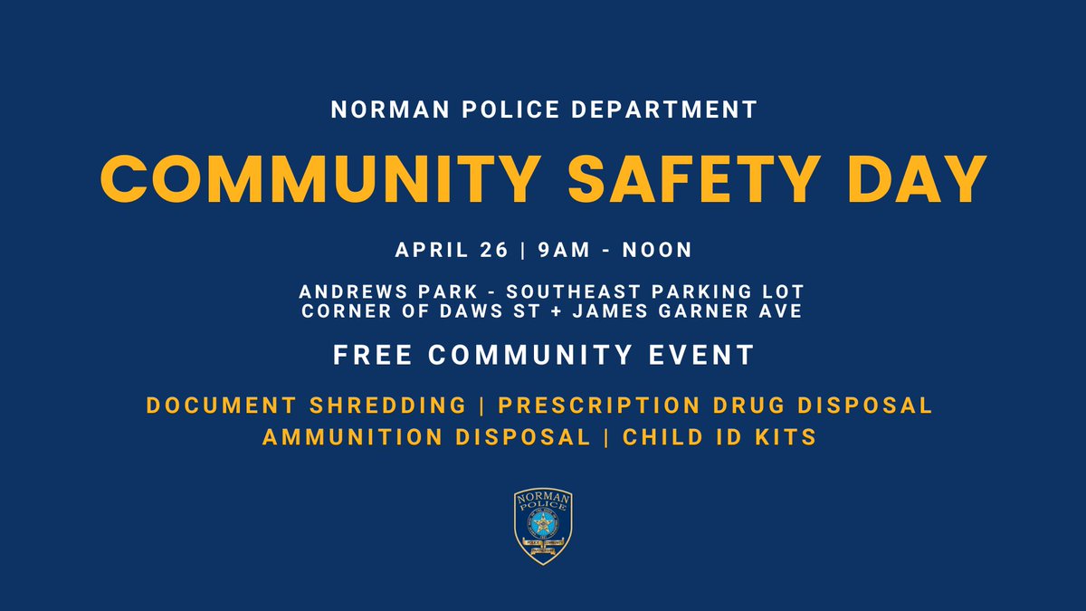 NPD Community Safety Day 2025 is THIS SATURDAY from 9AM to Noon at Andrews Park! 

Come take part in FREE document shredding, prescription drug disposal, and ammunition disposal. 📄💊

MORE INFO📲bit.ly/4lEDs5Q