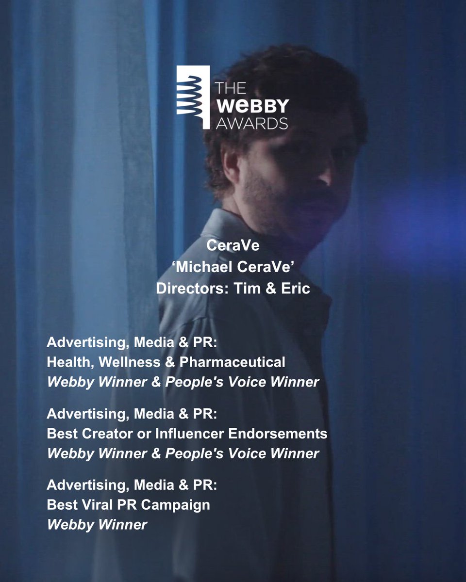 PRETTYBIRDPIC's tweet image. Congratulations to directors @timheidecker & @ericwareheim, our agency partners at @Ogilvy, and the rest of the ‘Michael CeraVe’ squad for the multiple @TheWebbyAwards wins 🏆