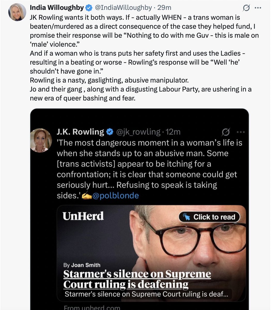 J.K. Rowling (@jk_rowling) on Twitter photo .<a href="/IndiaWilloughby/">India Willoughby</a>, for years you've argued that men claiming to be women should use female bathrooms and changing rooms because predators can harm women anywhere. Take comfort in your own logic. If a man wants to murder you, he's just as likely to do it outside the Gents. .<a href="/IndiaWilloughby/">India Willoughby</a>, for years you've argued that men claiming to be women should use female bathrooms and changing rooms because predators can harm women anywhere. Take comfort in your own logic. If a man wants to murder you, he's just as likely to do it outside the Gents.