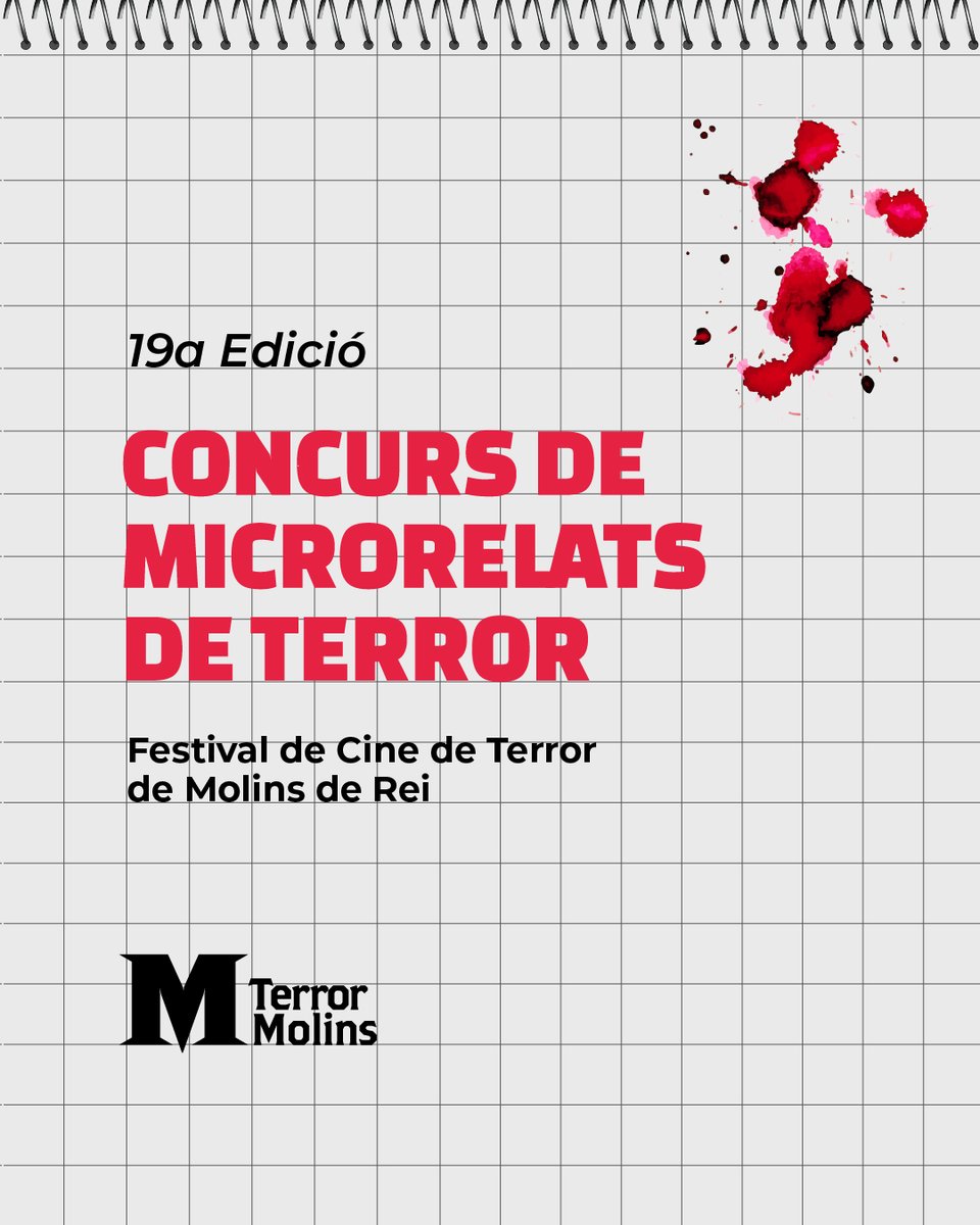 TerrorMolins (@terrormolins) on Twitter photo Aquest Sant Jordi, escriu tu la història. Amb sang🩸, si cal! Participa al 19a Edició del Concurs de Microrelats de Terror.
📅 Fins al 19 d’octubre
📚 Pots escriure en català o castellà i pots enviar fins a 3 relats diferents
đź”— Consulta les bases aquĂ: molinsfilmfestival.com/wp-content/upl… Aquest Sant Jordi, escriu tu la història. Amb sang🩸, si cal! Participa al 19a EdiciĂł del Concurs de Microrelats de Terror.
📅 Fins al 19 d’octubre
📚 Pots escriure en català o castellà i pots enviar fins a 3 relats diferents
đź”— Consulta les bases aquĂ: molinsfilmfestival.com/wp-content/upl…