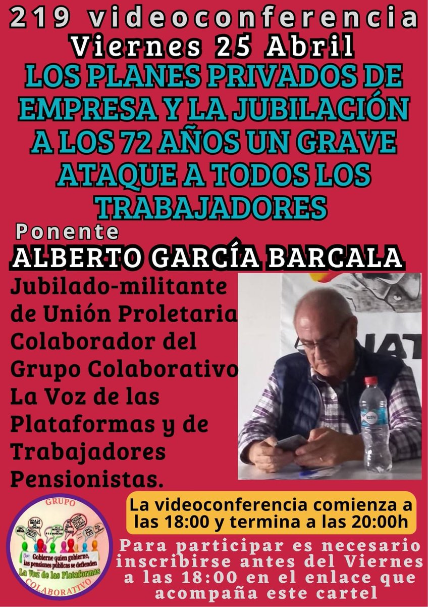 Marea Pensionista.Coordinadora Baix Llobregat Nord (@mareanord) on Twitter photo #NoPlanesPrivados
#NoJubilacion72Años
*LOS PLANES PRIVADOS DE EMPRESA Y LA JUBILACIÓN A LOS 72 AÑOS UN GRAVE ATAQUE A TODOS LOS TRABAJADORES*
Inscríbase en el enlace👇🏻👇🏻👇🏻👇🏻
*us02web.zoom.us/meeting/regist…*
Recibirá E-mail para unirse
<a href="/pensionazo_no/">G. C. LA VOZ de LAS PLATAFORMAS</a>
<a href="/PorLaUnidadPens/">@PorLaUnidadSocial</a>
<a href="/LaVozenIgualdad/">La Voz de las Plataformas por la igualdad.</a> #NoPlanesPrivados
#NoJubilacion72Años
*LOS PLANES PRIVADOS DE EMPRESA Y LA JUBILACIÓN A LOS 72 AÑOS UN GRAVE ATAQUE A TODOS LOS TRABAJADORES*
Inscríbase en el enlace👇🏻👇🏻👇🏻👇🏻
*us02web.zoom.us/meeting/regist…*
Recibirá E-mail para unirse
<a href="/pensionazo_no/">G. C. LA VOZ de LAS PLATAFORMAS</a>
<a href="/PorLaUnidadPens/">@PorLaUnidadSocial</a>
<a href="/LaVozenIgualdad/">La Voz de las Plataformas por la igualdad.</a>