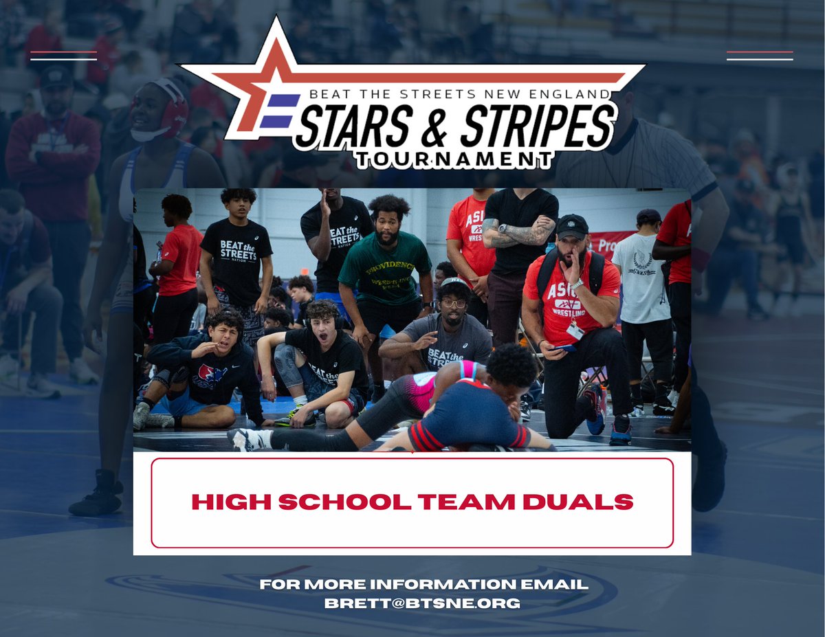 Beat the Streets New England (@btsnewengland) on Twitter photo Are you a team looking for some action on the mat this spring, well look no further. We're holding a High School Dual Meet Division at the Beat The Streets New England Stars and Stripes Tournament!
For more info and to register, email our tournament director Brett@btsne.org Are you a team looking for some action on the mat this spring, well look no further. We're holding a High School Dual Meet Division at the Beat The Streets New England Stars and Stripes Tournament!
For more info and to register, email our tournament director Brett@btsne.org