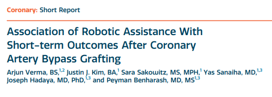 UCLA CORE Lab (@corelabucla) on Twitter photo Our latest paper out now in <a href="/annals_short/">Annals of Thoracic Surgery Short Reports</a>! <a href="/arjun_ver/">Arjun Verma</a>, <a href="/SaraSakowitz/">Sara Sakowitz</a>, <a href="/YasSanaiha/">Yas Sanaiha</a> &co evaluate clinical and financial outcomes of robotic-assisted #CABG
🫀 Lower adverse events
🏥 Shorter LOS
💰 Reduced hospitalization costs
Read the full paper here ⬇️
sciencedirect.com/science/articl… Our latest paper out now in <a href="/annals_short/">Annals of Thoracic Surgery Short Reports</a>! <a href="/arjun_ver/">Arjun Verma</a>, <a href="/SaraSakowitz/">Sara Sakowitz</a>, <a href="/YasSanaiha/">Yas Sanaiha</a> &co evaluate clinical and financial outcomes of robotic-assisted #CABG
🫀 Lower adverse events
🏥 Shorter LOS
💰 Reduced hospitalization costs
Read the full paper here ⬇️
sciencedirect.com/science/articl…