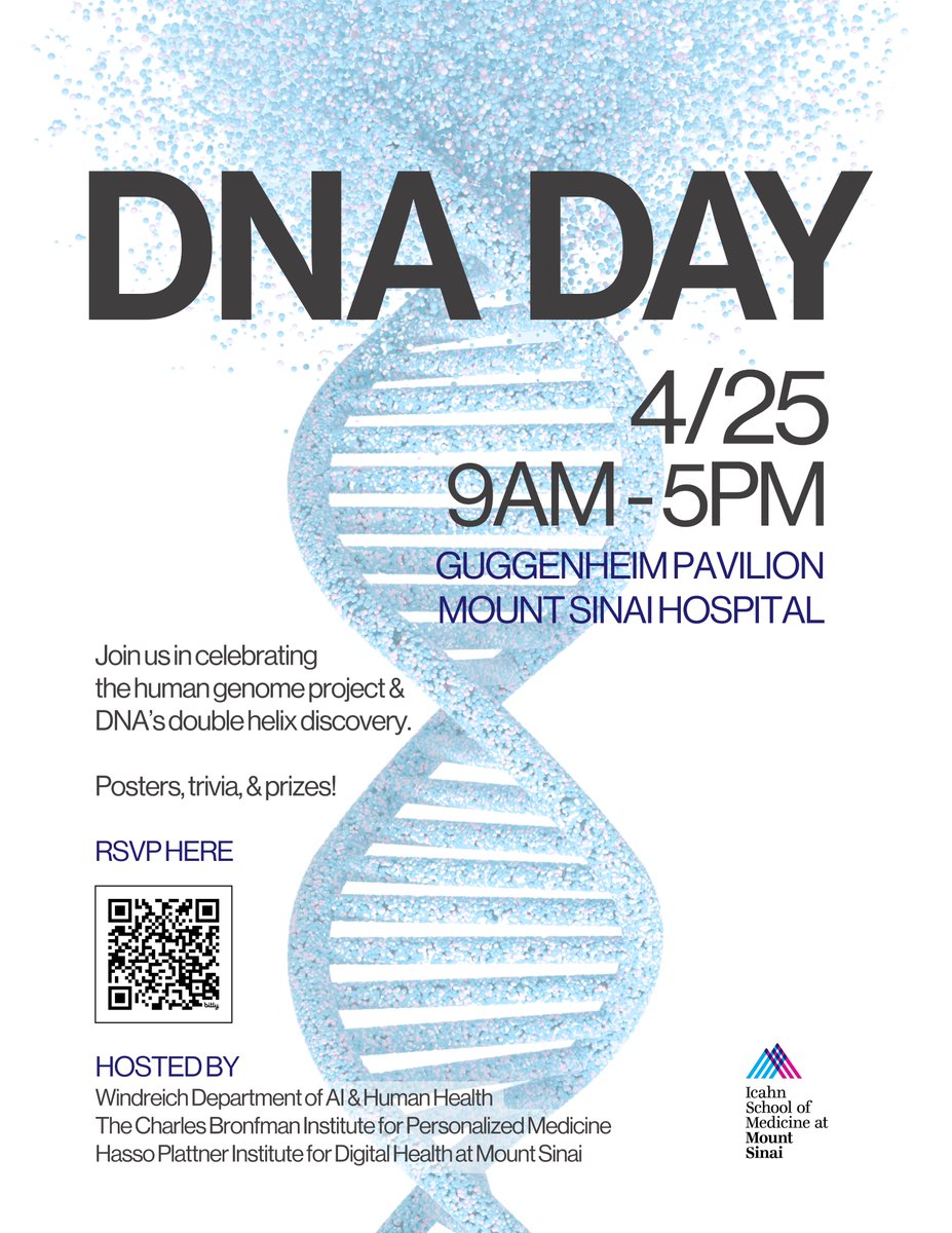 Charles Bronfman Inst for Personalized Medicine (@mountsinaicbipm) on Twitter photo Please join <a href="/AIHealthMtSinai/">AI and Human Health at Mount Sinai</a> <a href="/mountsinaicbipm/">Charles Bronfman Inst for Personalized Medicine</a> & <a href="/HPI_MS/">HPI.MS</a> for DNA Day 2025!
Celebrate the human genome project & DNA's double helix discovery with posters, trivia, prizes, tabling, & more!
Friday, April 25, 9AM - 5PM
Mount Sinai Hospital, GP 1st Floor Atrium Please join <a href="/AIHealthMtSinai/">AI and Human Health at Mount Sinai</a> <a href="/mountsinaicbipm/">Charles Bronfman Inst for Personalized Medicine</a> & <a href="/HPI_MS/">HPI.MS</a> for DNA Day 2025!
Celebrate the human genome project & DNA's double helix discovery with posters, trivia, prizes, tabling, & more!
Friday, April 25, 9AM - 5PM
Mount Sinai Hospital, GP 1st Floor Atrium
