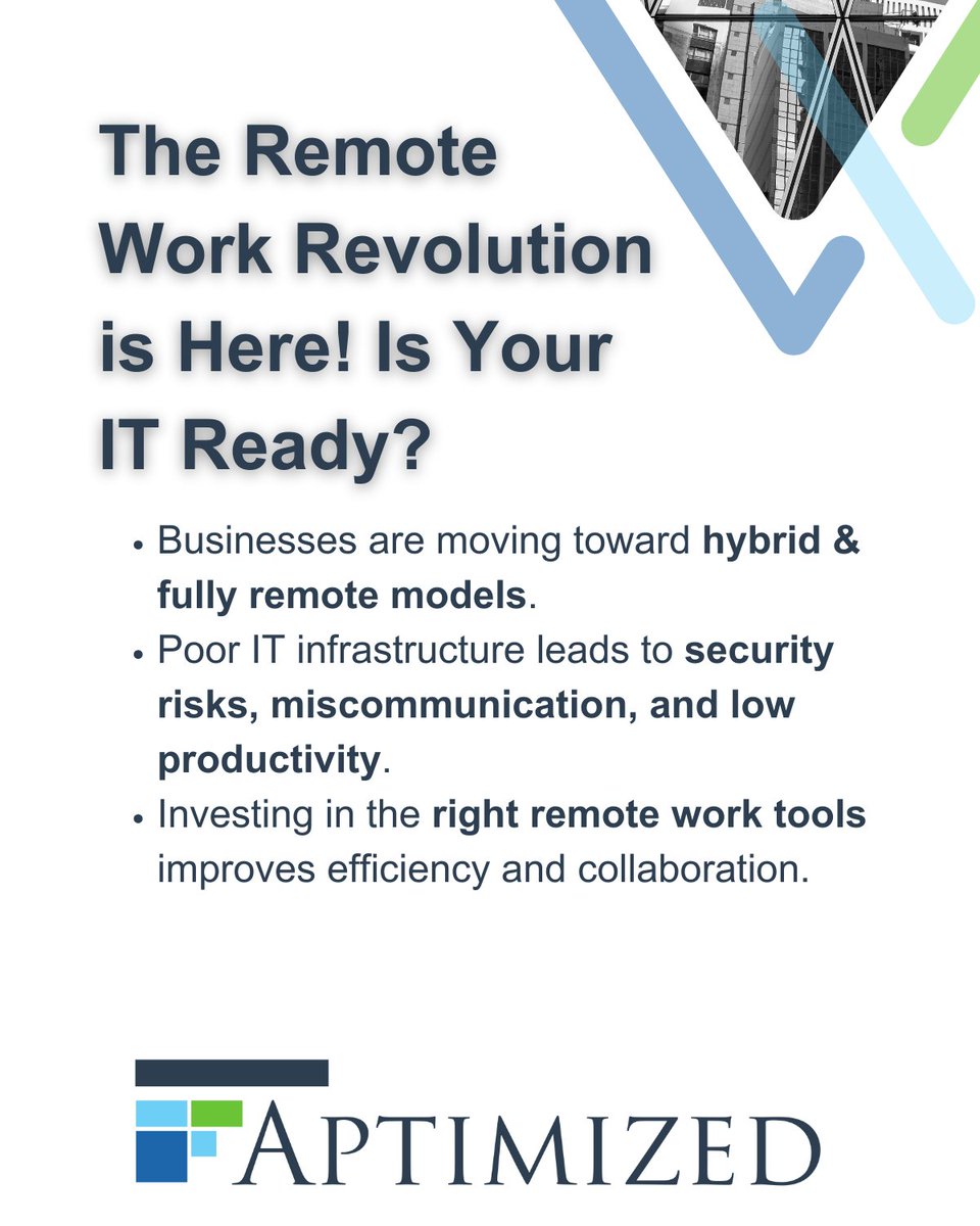 aptimized's tweet image. 💻 Top IT Solutions for Remote Work in 2025
At Aptimized, we highlight the best tools to ensure secure, seamless remote work, from cloud platforms to hybrid IT support.

Empower your remote teams with the right tech.
#RemoteWorkTools #HybridWorkIT #Aptimized,