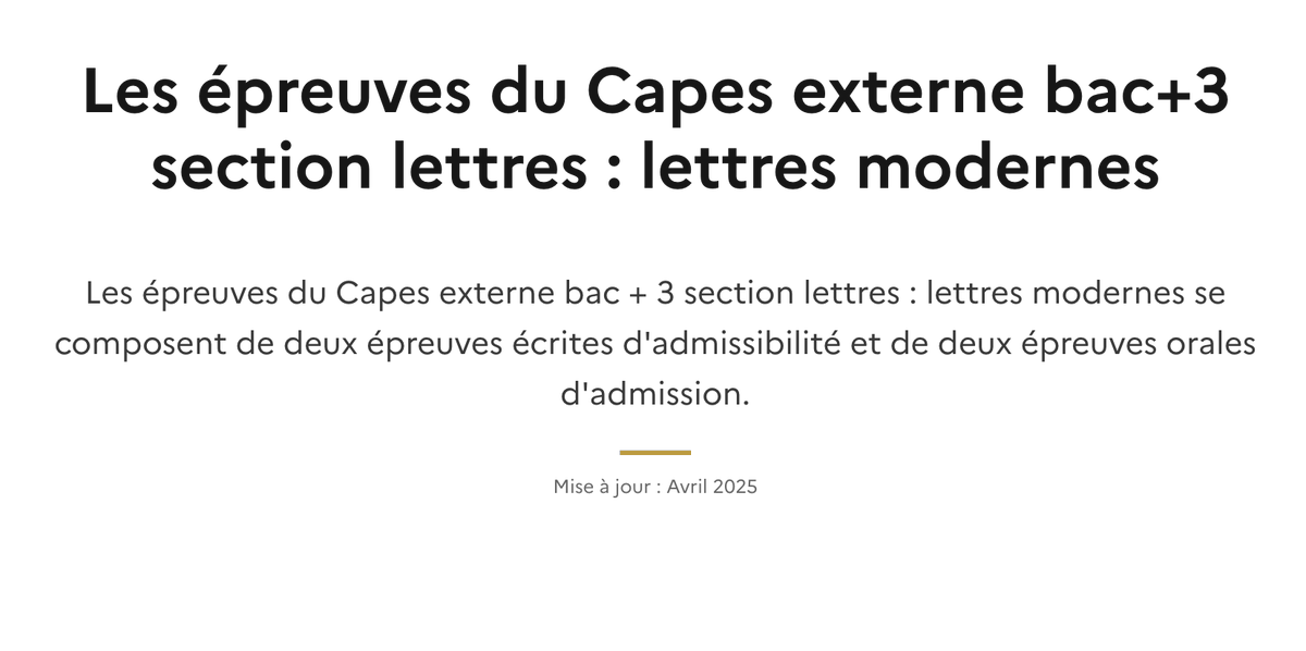 Ithyphallique's tweet photo. ℹ️
Les futures épreuves du CAPES de lettres modernes à bac+2,5 :
ADMISSIBILITÉ 
-5h de dissertation sur LA question littéraire inscrite au programme (contre 6h sur une des six oeuvres du programme auparavant)
- 4h de grammaire/stylistique (contre 5h avec grammaire/sémantique historique/stylistique + séquence pédagogique)

ADMISSION
- 30min d'exposé d'analyse de corpus et d'explication de texte + 30 min de questions du jury (contre 40min d'exposé où le candidat présente une séance d'enseignement pour un niveau donné + 20 min d'entretien avec le jury)
- 35 minutes d'entretien avec le jury sur ses motivations, son parcours et ses expériences + laïcité/valeurs de la république + se projeter/incarner les exigences du service public/comprendre les enjeux de la transition écologique/appréhender l'épanouissement de l'élève (contre 2 mises en situation d'enseignement et vie scolaire + fiche individuelle de renseignement fournie)
➡️ https://t.co/KeLYFA1j7f