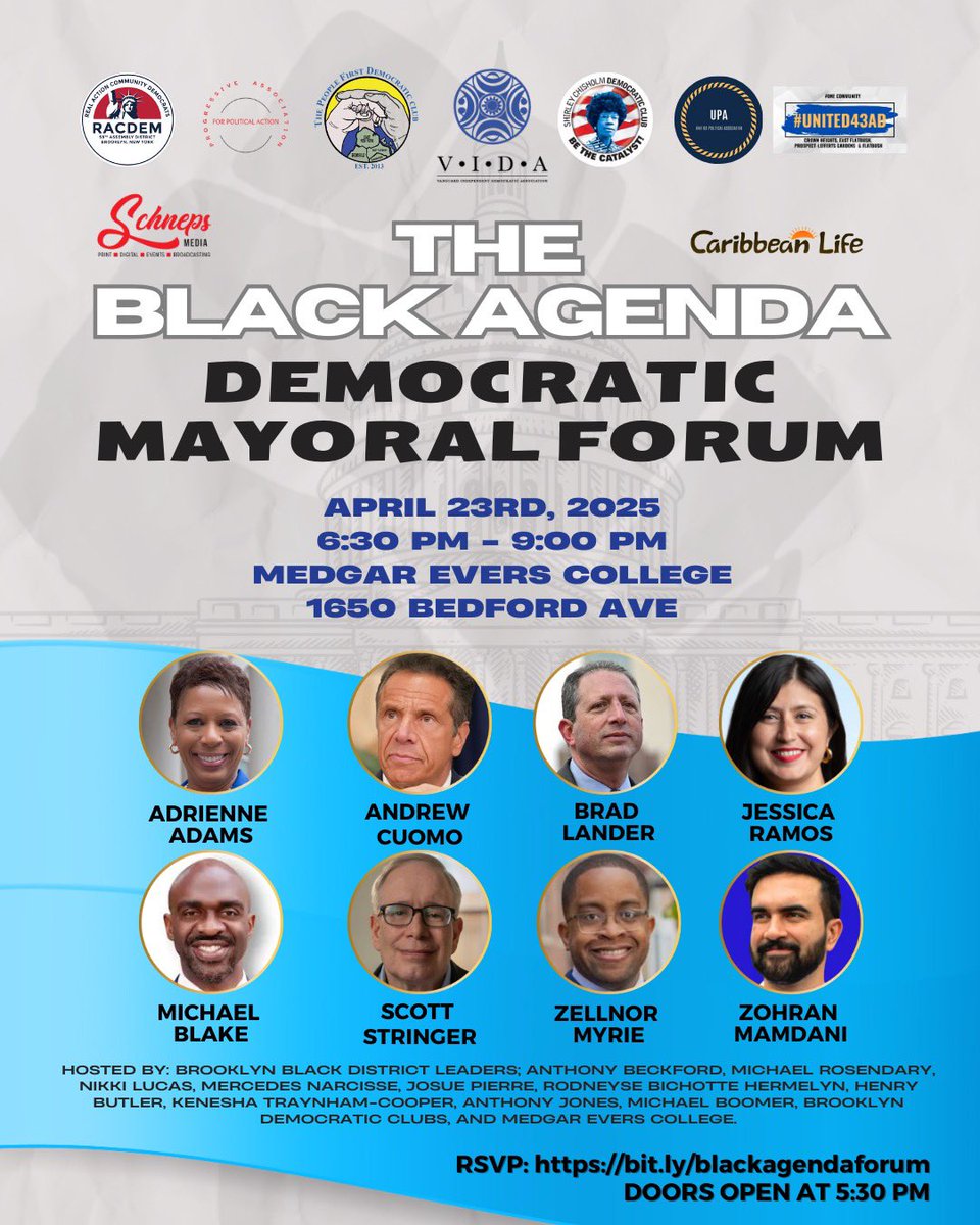 TOMORROW ➡️ join 8 front-runner Democratic Mayoral Candidates for our historic “Black Agenda” Forum, hosted by <a href="/bkdems/">Kings County Democratic County Committee</a> District Leaders &amp; Dem Clubs.

RSVP: bit.ly/blackagendafor…

📆Wednesday, 4/23, from 6:30pm-9:00pm. Doors open at 5:30pm.