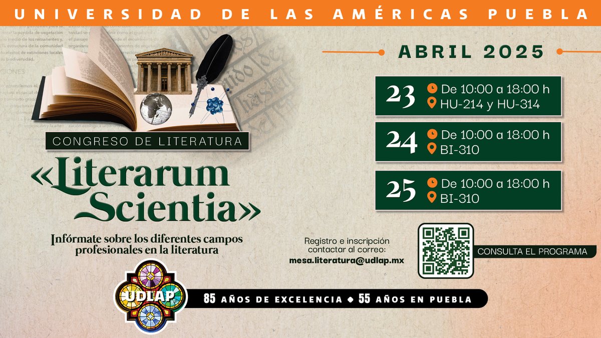 "Literarum Scientia" es el Congreso de Literatura UDLAP que se llevará a cabo del 23 al 24 de abril, y en el que podrás conocer los diferentes campos profesionales de esta disciplina.
