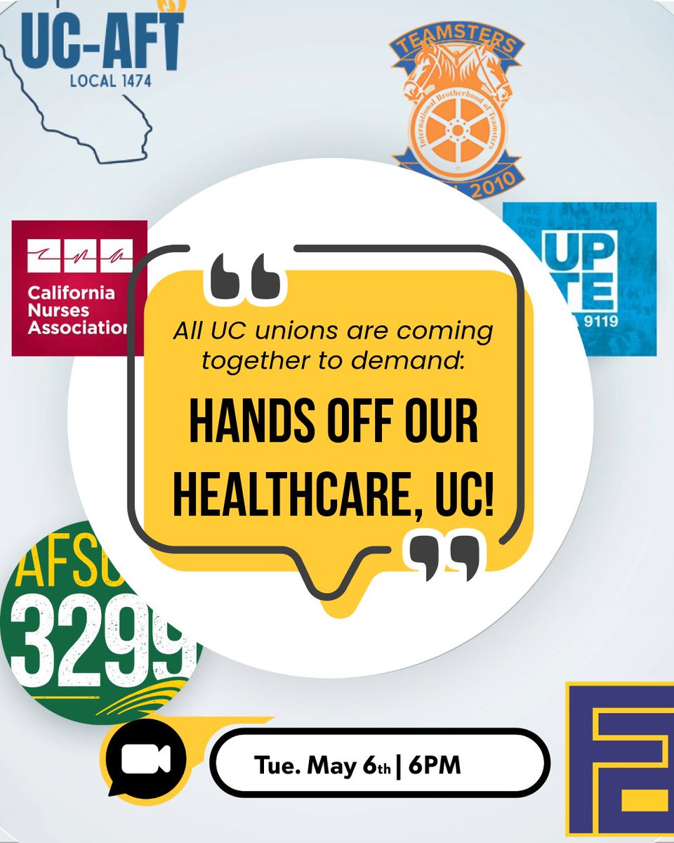 All UC unions are coming together to demand:
Hands Off  Our Healthcare, UC! 
Join the webinar to learn more.
Tue. May 6th at 6PM
Register using the link below

docs.google.com/forms/d/e/1FAI…

#3299strong #solidarity #handsoff #whenwefightwewin