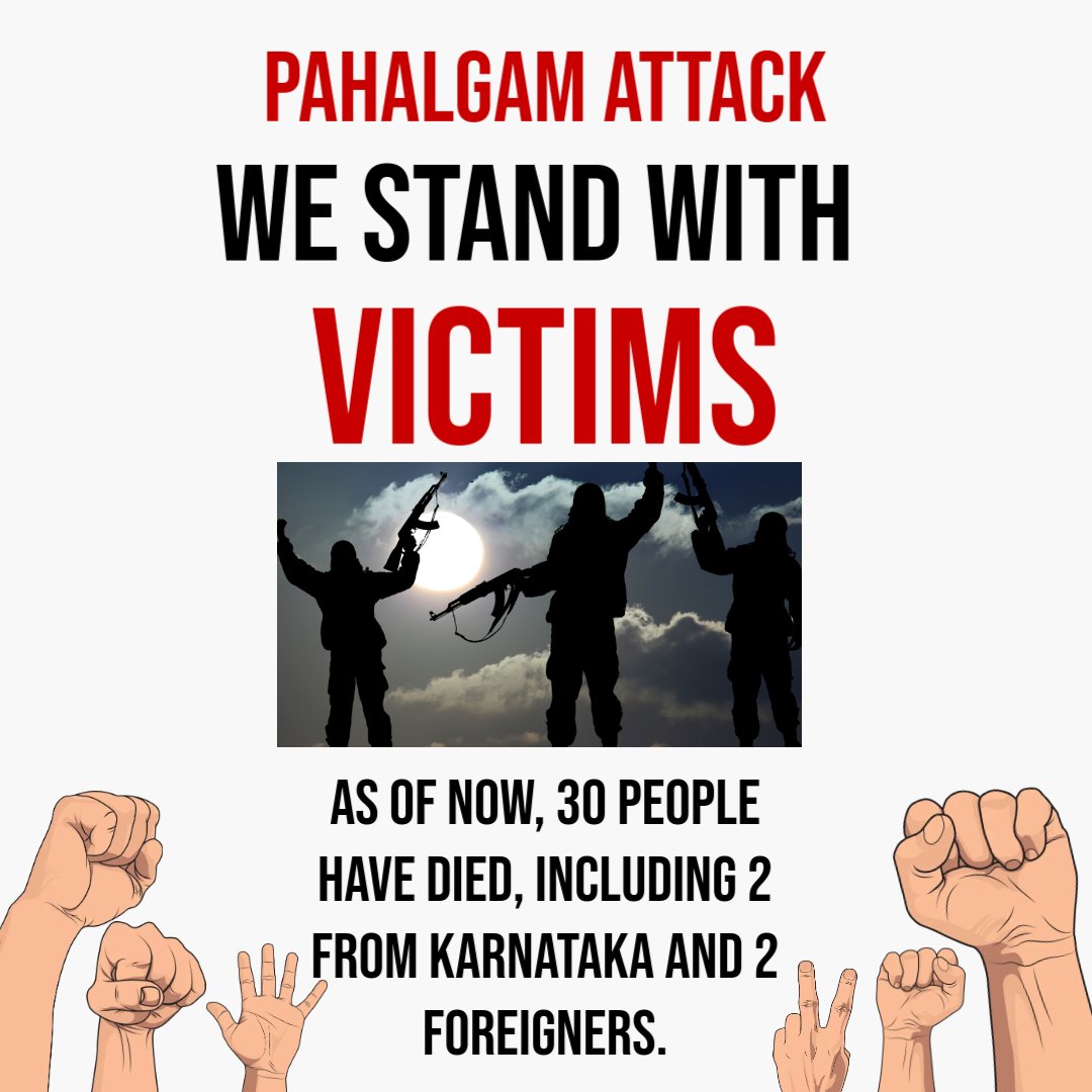 Karnataka_sc's tweet photo. Pahalgam attack at Kashmir. We stand with the Victims.
As of now, 30 people have died, including 2 from Andhra and 2 foreigners. Death toll might increase. 

#phalgamattack #kashmirterrorattack #Karnataka #kannadiga #indiaterroristattack #Kashmir https://t.co/q8KO60ewAF