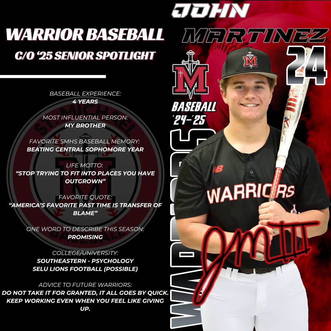 Rounding out our Class of 2025 seniors is Senior outfielder &amp; pitcher, #24 on the field but #1 in our hearts, <a href="/john__martinez6/">John Martinez</a>!

#WarriorProud #WarriorBaseball