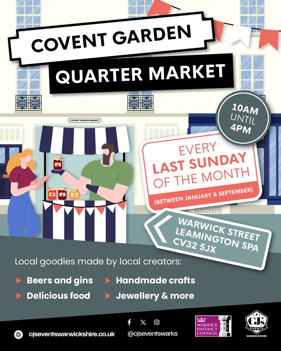 CJ's Events Warwickshire Limited (@cjseventswarks) on Twitter photo This Sunday, we're returning to the charming Leamington for our monthly Covent Garden Quarter Market ๐
๐ช๐ถ๐น๐น ๐๐ฒ ๐๐ฒ๐ฒ ๐๐ผ๐ ๐๐ต๐ฒ๐ฟ๐ฒ? Come join us on Warwick Street between 10am and 4pm.
Come explore, and support local!
#LoveLeam #Markets #Leamington #ShopLocal This Sunday, we're returning to the charming Leamington for our monthly Covent Garden Quarter Market ๐
๐ช๐ถ๐น๐น ๐๐ฒ ๐๐ฒ๐ฒ ๐๐ผ๐ ๐๐ต๐ฒ๐ฟ๐ฒ? Come join us on Warwick Street between 10am and 4pm.
Come explore, and support local!
#LoveLeam #Markets #Leamington #ShopLocal