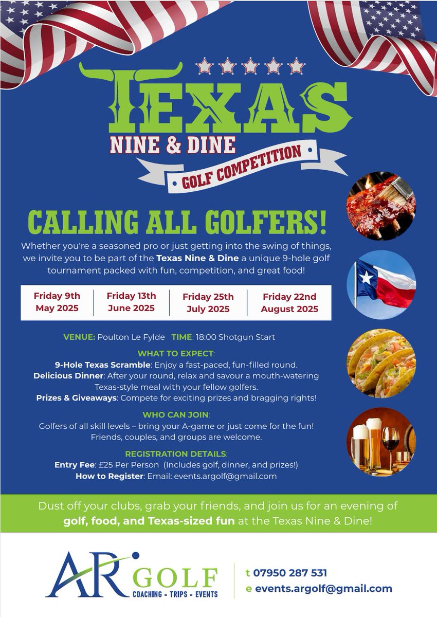 ARichardsonPro's tweet photo. Get Ready for the Ultimate Friday Golf Series – Texas Nine & Dine! - https://t.co/RJEH7X5q5q
Reply to secure your team!! Only 9 x Teams Available
#Golf #FridayNight #Events #Clients #Fun #FunGolf #SignUp #TexasScramble #TexasNine&Dine #Nine&Dine https://t.co/vBqVKSiBls