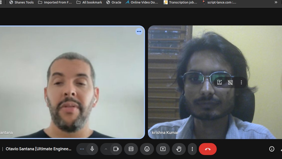 Krishna Kumar (@krishnapro_) on Twitter photo Had the privilege to chat with <a href="/otaviojava/">Otavio Santana</a> — a true legend in the Java and open-source world! 🌍☕️
We talked career growth, open source, mentorship, and building globally.
Left the conversation inspired and full of ideas. Thank you, Otavio! 🙏✨ Had the privilege to chat with <a href="/otaviojava/">Otavio Santana</a> — a true legend in the Java and open-source world! 🌍☕️
We talked career growth, open source, mentorship, and building globally.
Left the conversation inspired and full of ideas. Thank you, Otavio! 🙏✨