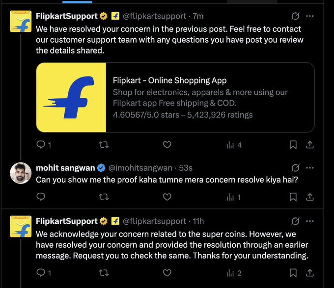 imohitsangwan's tweet photo. @flipkartsupport @flipkartsupport Ye Rahe Flipkart k messages ke screenshots or chat ke screenshots already thread mai hai. Isme mujhe ye btao ki Kaha tum logo ne resolution diya hai? https://t.co/T6cKTNPmys
