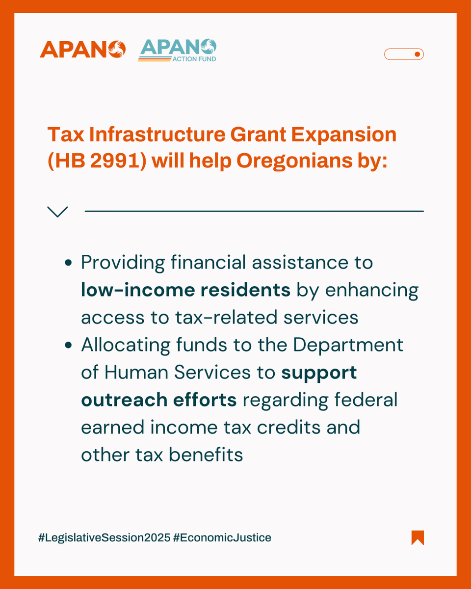 APANOCUF's tweet photo. APANO is supporting HB 2991: Tax Infrastructure Grant Expansion 📢

We hope to help folks cut through some of the red tape and make it easier for low-income communities to receive their tax refunds.

#ORPol #ORLeg #EconomicJustice #LegSession2025 https://t.co/C3Wlor4wLq