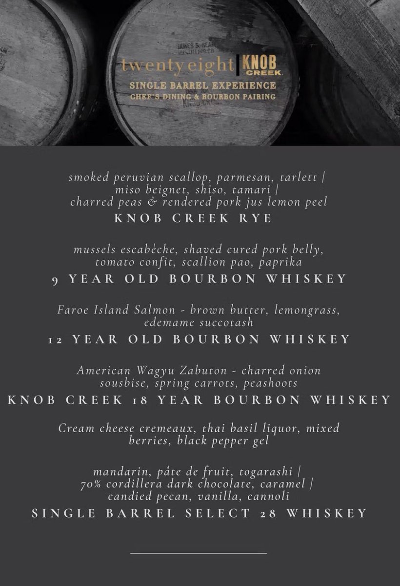 twentyeight_oc's tweet photo. Join us for an exclusive tasting and dinner to celebrate the launch of our very own @knobcreek Single Barrel, hand-selected just for you.

Saturday, May 3rd | Tasting at 6PM | Dinner at 7:30PM https://t.co/FrhCvYqMYx