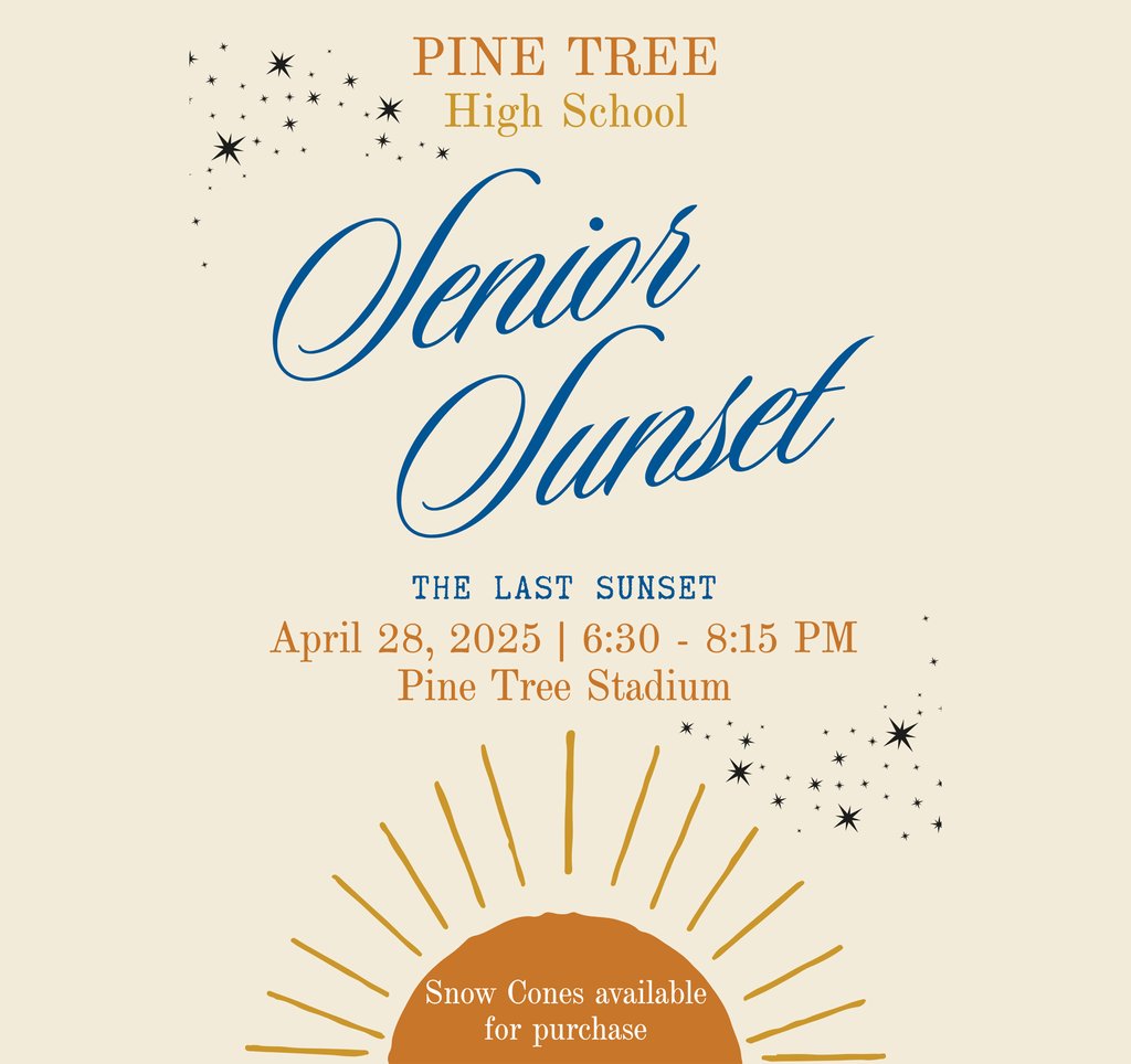 Senior Sunset is Monday, April 28th, from 6:30 to 8:15 pm at Pirate Stadium.  Come enjoy time with your senior class.  Snow cones will be available for purchase. A class picture will be taken at sunset.