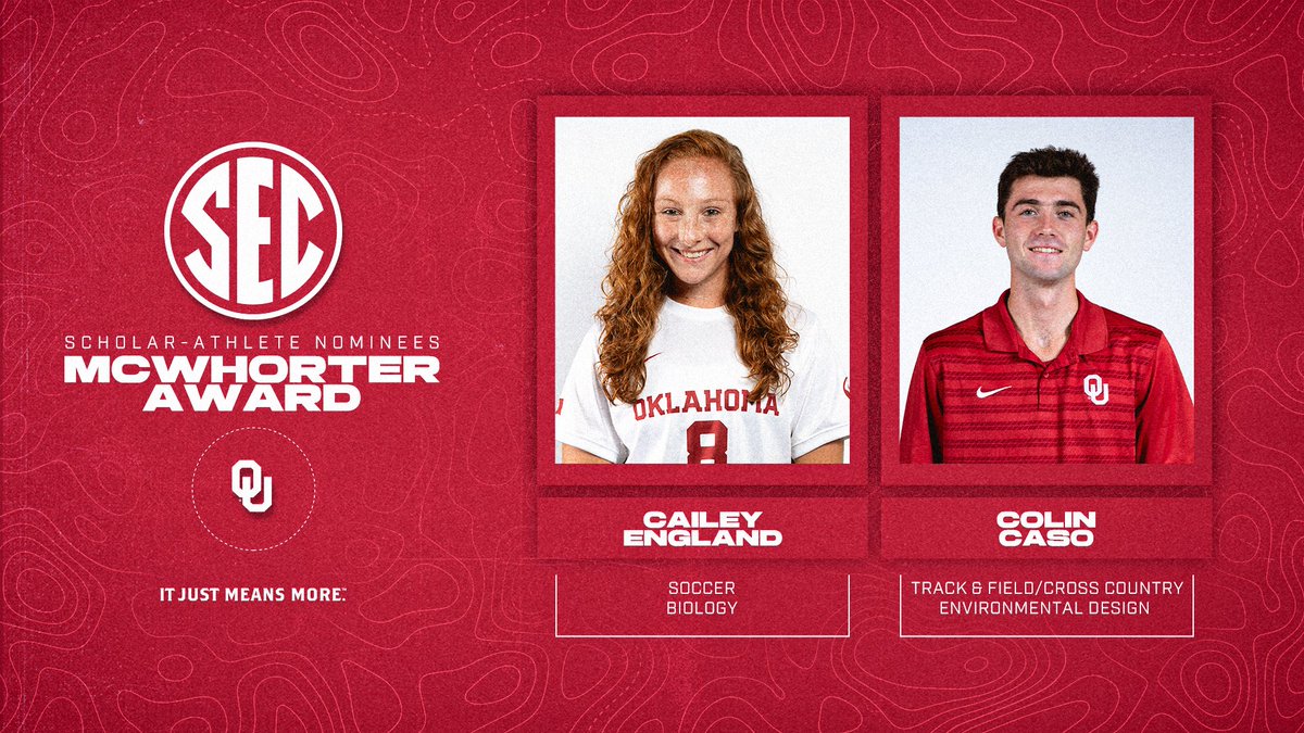 🎓 Announcing <a href="/OU_Athletics/">Oklahoma Sooners</a>' nominees for the 2025 H. Boyd McWhorter Scholar-Athlete Post-Graduate Scholarship award!

⚽️ Cailey England, <a href="/OU_WSoccer/">Oklahoma Soccer</a> 
👟 Colin Caso, <a href="/OU_Track/">Oklahoma T&F & XC</a> 

🔗 secsports.social/hbm-ou25