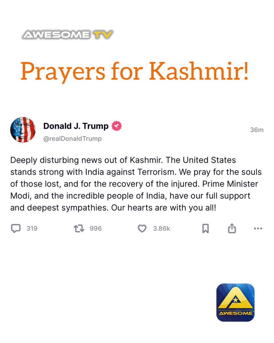 Our hearts are heavy with the tragic news from Kashmir.
Awesome TV extends its deepest prayers and heartfelt condolences to the families of the victims of the Pahalgam terror attack.

We stand in unity with the people of India and support the ongoing fight against terrorism.