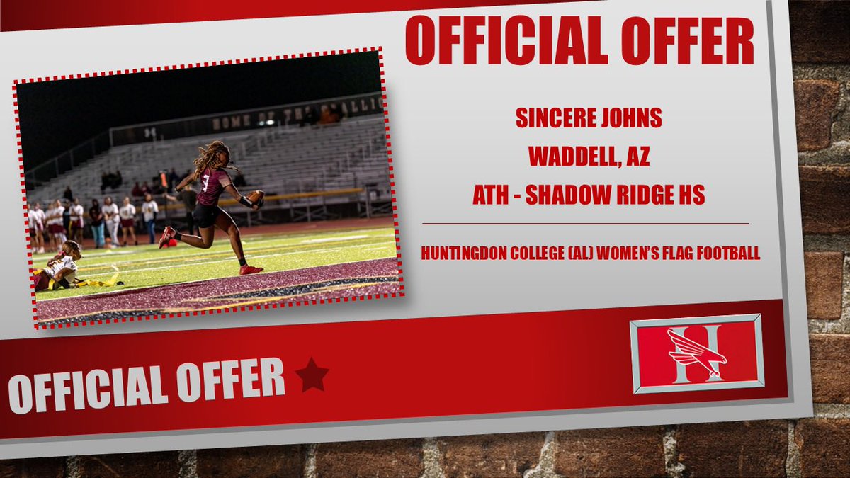 Sincerejohns21's tweet photo. After an amazing conversation with Coach Rowe. I am blessed to announce my third official offer from Huntingdon College to play flag football at the next level. I am beyond grateful to have this opportunity! Thank you Huntingdon Collegee #hawkem🦅🔴⚪️ #flagfootball #az  #alabama https://t.co/lQE4ImzSoA