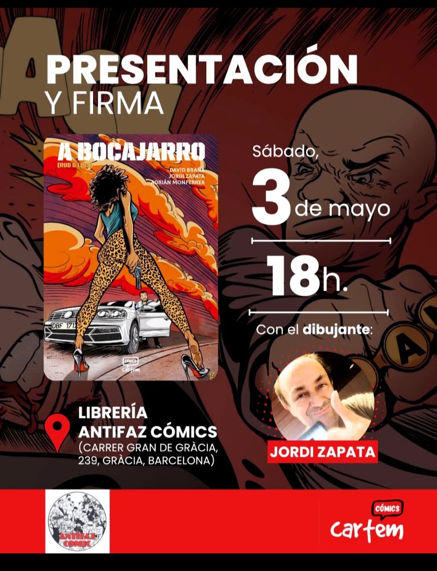 El dissabte 3 de Maig presentació del còmic ' A bocajarro' (Cartem comics) de <a href="/zapata_jordi/">Jordi Zapata Franque</a>. Amb la presència del seu autor. 

Us esperem!

#abocajarro #jordizapata #cartemcomics #antifazcomic #comic #viladegracia #presentació #barcelona