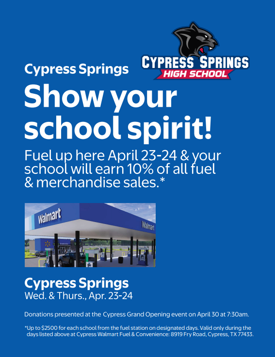 CySpringsHS's tweet photo. Small stops make a BIG difference. โฝ๏ธFuel up at Walmart and help support Cy-Springs along the way. ๐พ#CySpringsHS https://t.co/xM7fFNIlEi