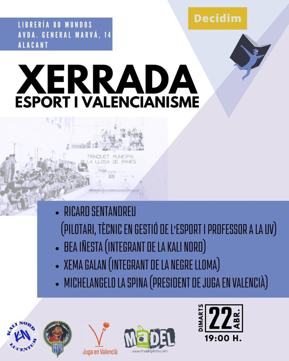 De gom a gom a la <a href="/Libreria80Mundo/">Libreria80Mundos</a> per a sentir la xerrada sobre esport i valencianisme a Alacant. 

Amb l'esport i des del sud, fem País Valencià!
