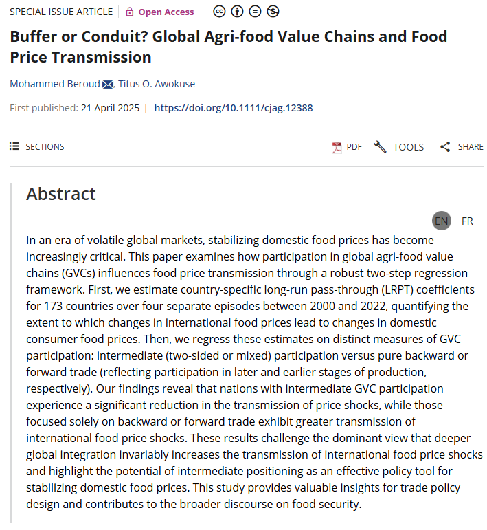 brdmed1's tweet photo. Buffer or Conduit? In our new CJAE paper, @TitusAwokuse and I find that intermediate GVC participation acts as a buffer—challenging conventional views on int'l price shock transmission to domestic markets.

📄 https://t.co/6w5Gh2Chn0

#CJAE @CAES_AgEcon

🧵 + abstract 👇 https://t.co/9i9mYrHW5b