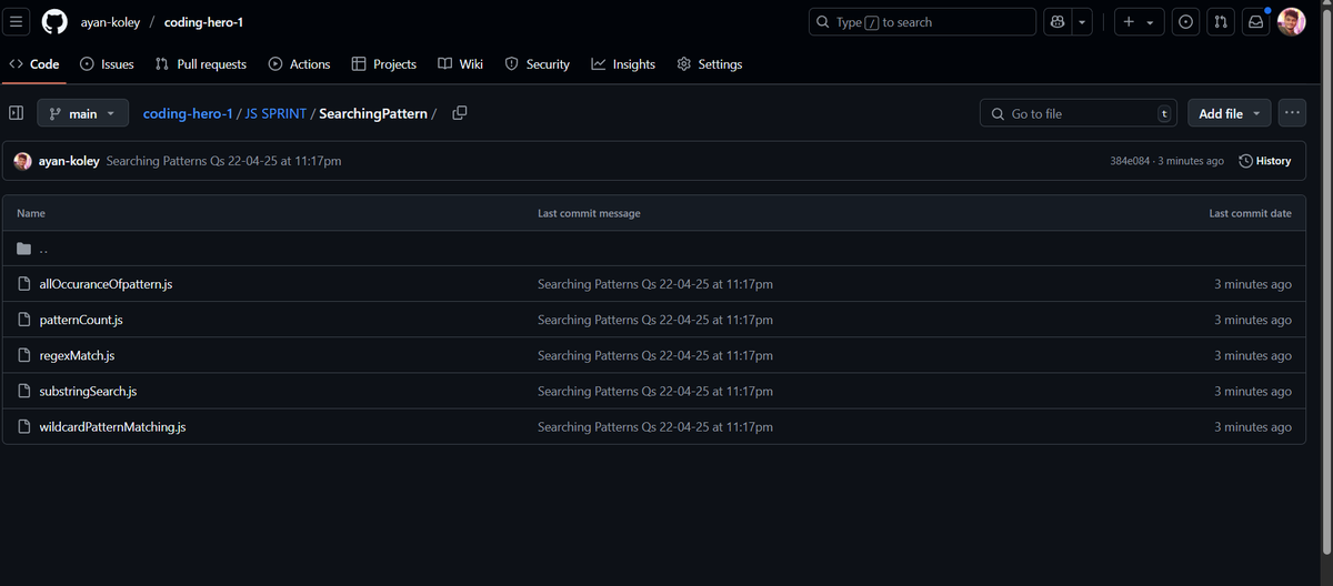koleyayan18's tweet image. ✅Completed JS sprint on Pattern Searching Problems today!
Dived into Regex, learned how to match, and search patterns in strings.
helped me understand pattern searching deeply.
Thanks #codinghero for this amazing learning journey!
🔗 GitHub: github.com/ayan-koley/cod…