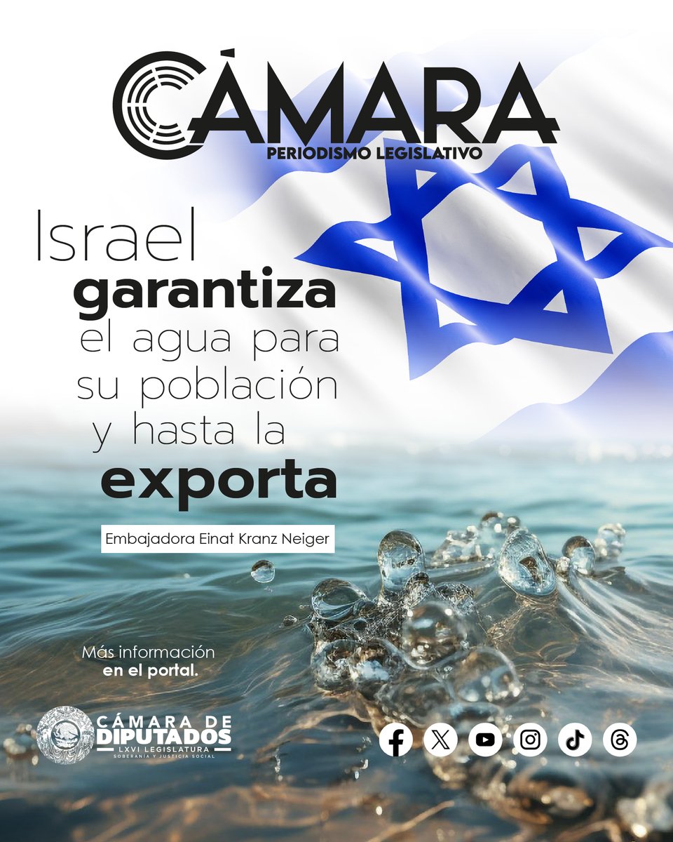 La Embajadora de Israel <a href="/EinatKranz/">🎗️Einat Kranz Neiger</a>  nos habla de como su país resolvió su problema de agua, una hazaña que les permite, incluso, exportar este vital líquido.
Nota: bit.ly/4iky1qX
<a href="/Mx_Diputados/">H. Cámara de Diputados</a>