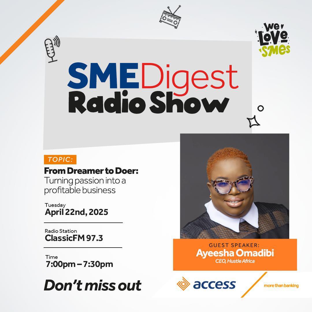 SME_Digest's tweet image. It’s about that time we discuss BUSINESS and today we will be discussing how to turn your Passion into Business. Don’t miss it. 7pm on Classic FM. #AccessSMEDigest
@access_more
@myaccessbank