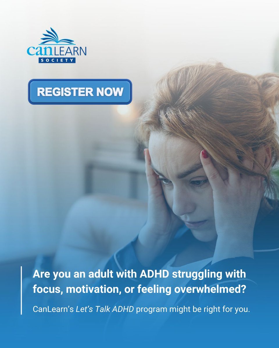 Let’s Talk ADHD is here to support you! In-person and virtual options available:
Wednesdays 5:30 – 7:00 pm
April 30 – June 11, 2025 
➡️ Register today by contacting jgaber@canlearnsociety.ca or (403) 686-9300 ext. 167