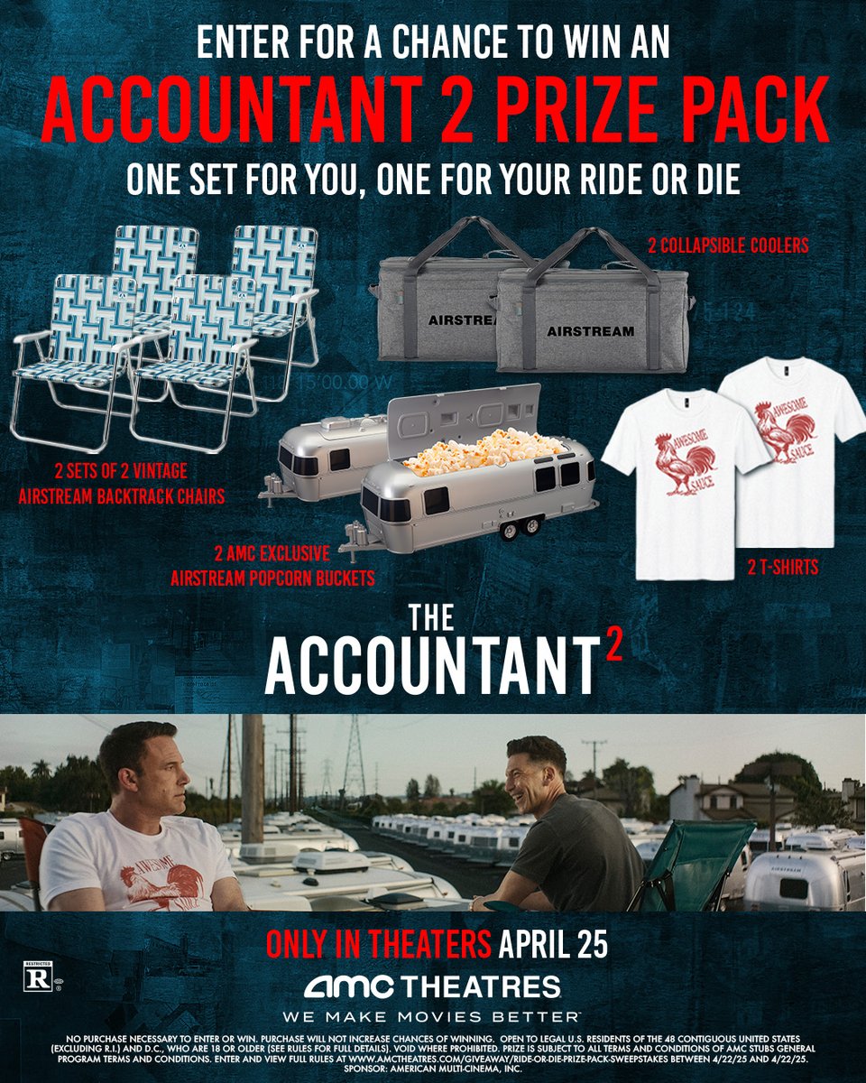 Enter for a chance to win a #TheAccountant2 prize pack — featuring AMC-exclusive collectibles for you and your ride-or-die. Catch the film at #AMCTheatres starting 4/25!
Entry and rules: amc.film/4iujbNQ