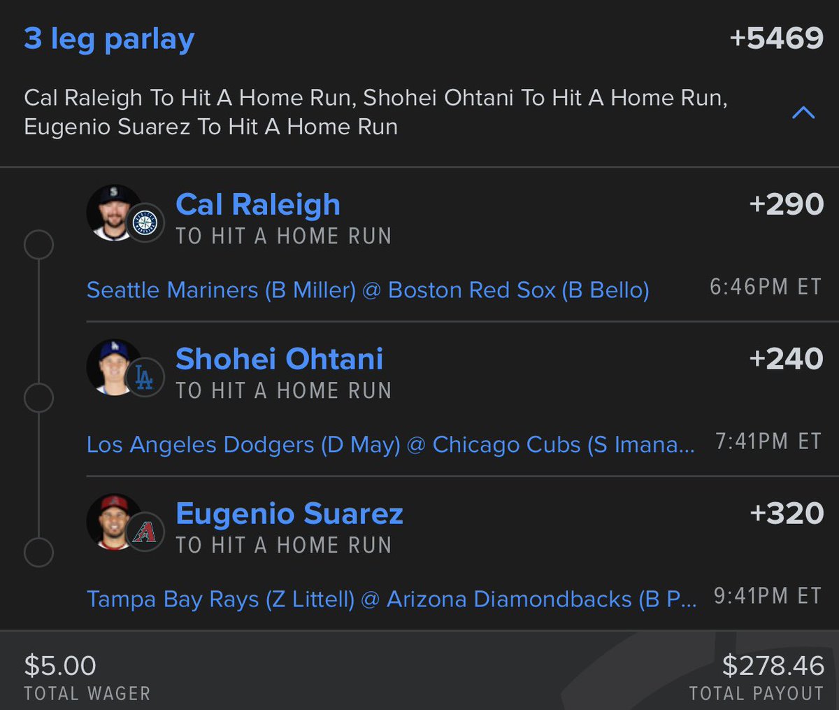 SlipsnLadders's tweet photo. Cooked up today’s HomeRun Parlay using our newest model ⚾️🧢
#homerunparlay #freeplay #GamblingTwitter #sportsbetting #GamblingCommunity https://t.co/PzlQYW3Lyx